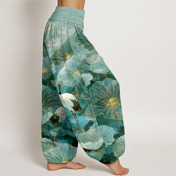 Buddha Stones Pure Cotton Elegant Crane Lotus Flower Leaf Pattern Women's Elastic Waist Harem Pants - image 2