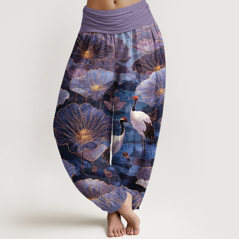 Buddha Stones Pure Cotton Elegant Crane Lotus Flower Leaf Pattern Women's Elastic Waist Harem Pants - MediumPurple - US16，UK/AU20，EU48 (3XL) - image 5