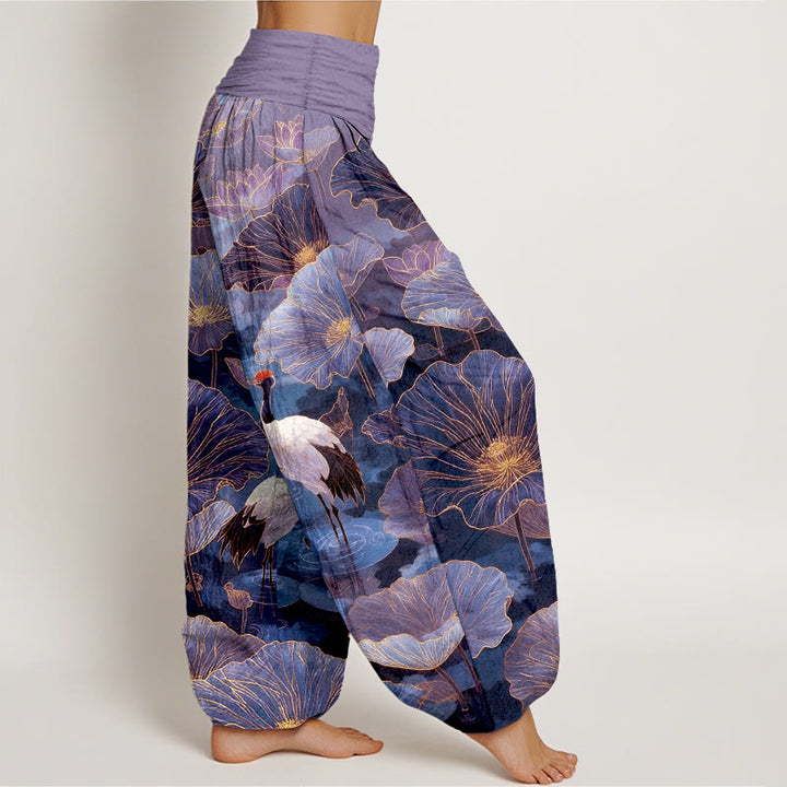Buddha Stones Pure Cotton Elegant Crane Lotus Flower Leaf Pattern Women's Elastic Waist Harem Pants - image 7