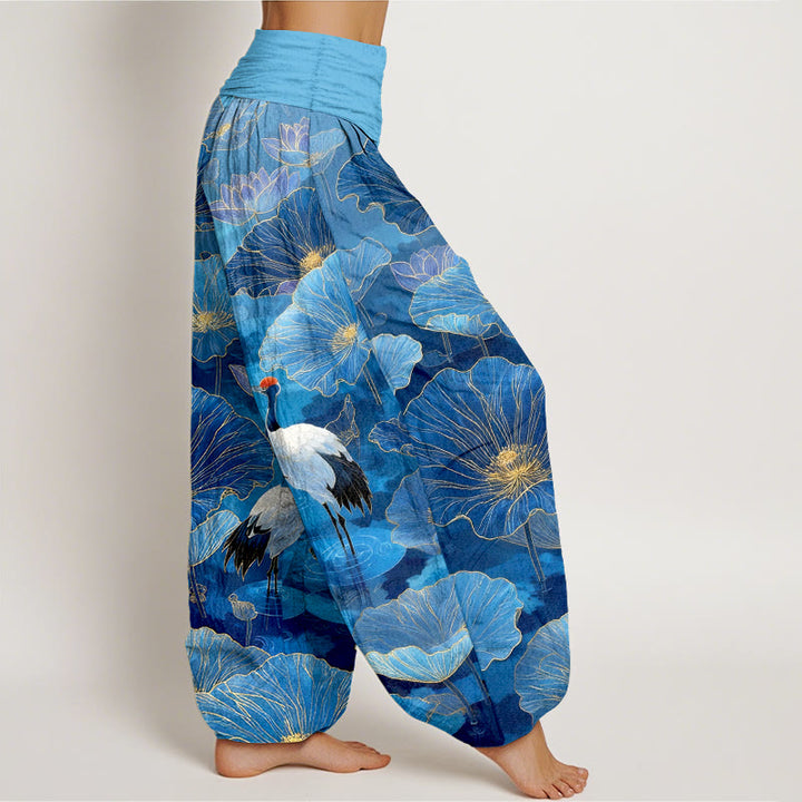 Buddha Stones Pure Cotton Elegant Crane Lotus Flower Leaf Pattern Women's Elastic Waist Harem Pants - image 10