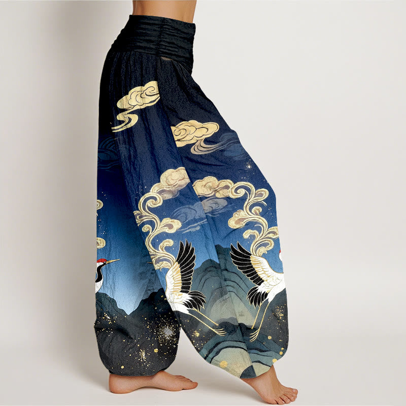 Buddha Stones Pure Cotton Colorful Crane Cloud Mountain Pattern Women's Elastic Waist Harem Pants - image 2