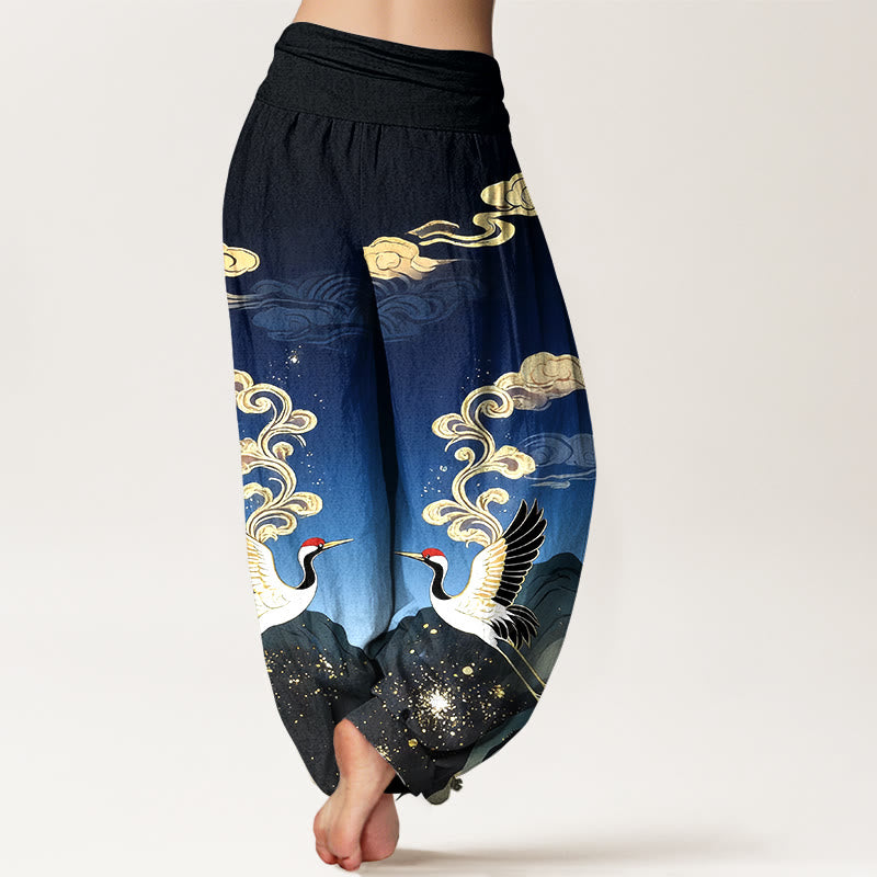 Buddha Stones Pure Cotton Colorful Crane Cloud Mountain Pattern Women's Elastic Waist Harem Pants - image 1
