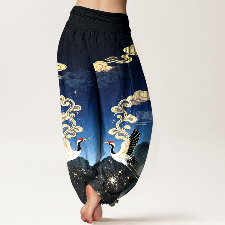 Buddha Stones Pure Cotton Colorful Crane Cloud Mountain Pattern Women's Elastic Waist Harem Pants - image 1