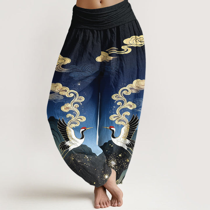 Buddha Stones Pure Cotton Colorful Crane Cloud Mountain Pattern Women's Elastic Waist Harem Pants - DarkBlue - US16，UK/AU20，EU48 (3XL) - image 0
