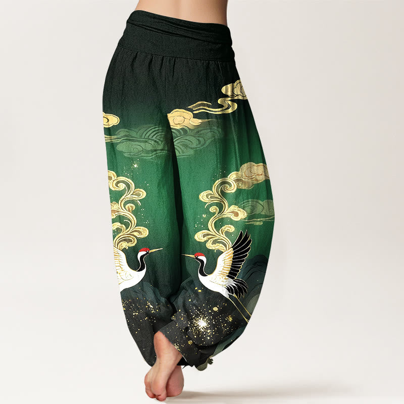 Buddha Stones Pure Cotton Colorful Crane Cloud Mountain Pattern Women's Elastic Waist Harem Pants - image 6