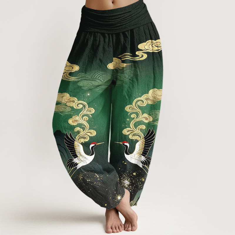 Buddha Stones Pure Cotton Colorful Crane Cloud Mountain Pattern Women's Elastic Waist Harem Pants - Green - US16，UK/AU20，EU48 (3XL) - image 5