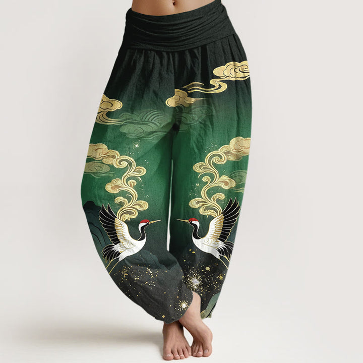 Buddha Stones Pure Cotton Colorful Crane Cloud Mountain Pattern Women's Elastic Waist Harem Pants - Green - US16，UK/AU20，EU48 (3XL) - image 5