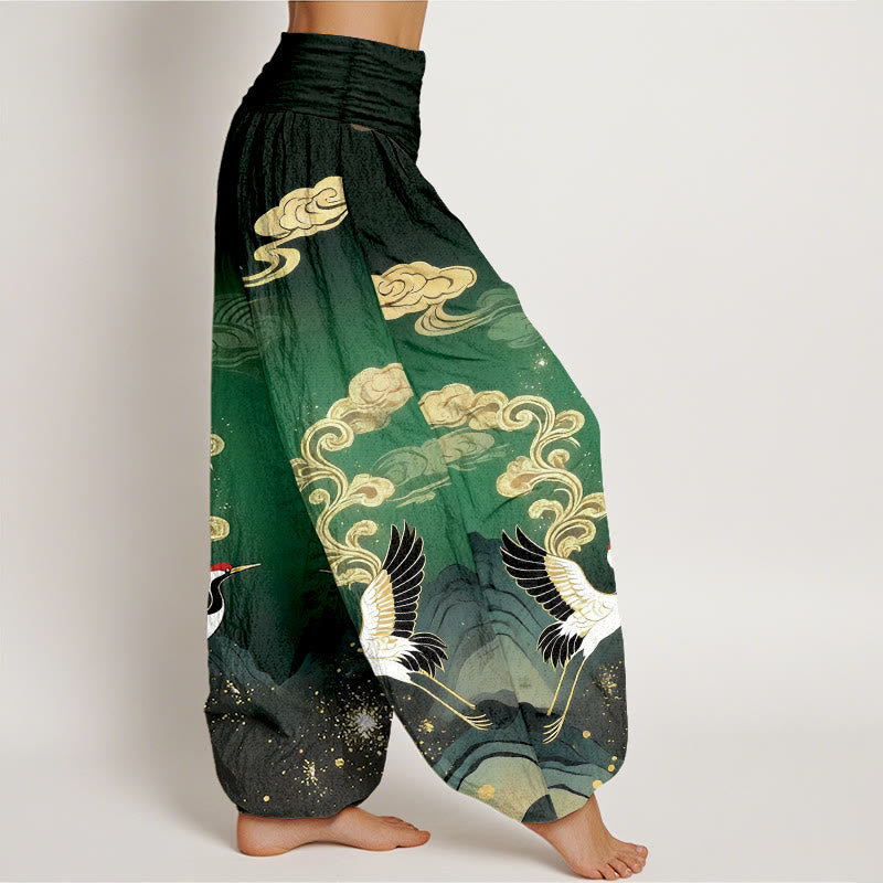 Buddha Stones Pure Cotton Colorful Crane Cloud Mountain Pattern Women's Elastic Waist Harem Pants - image 7