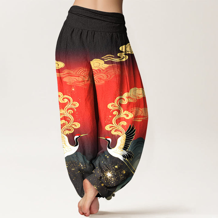 Buddha Stones Pure Cotton Colorful Crane Cloud Mountain Pattern Women's Elastic Waist Harem Pants - image 9