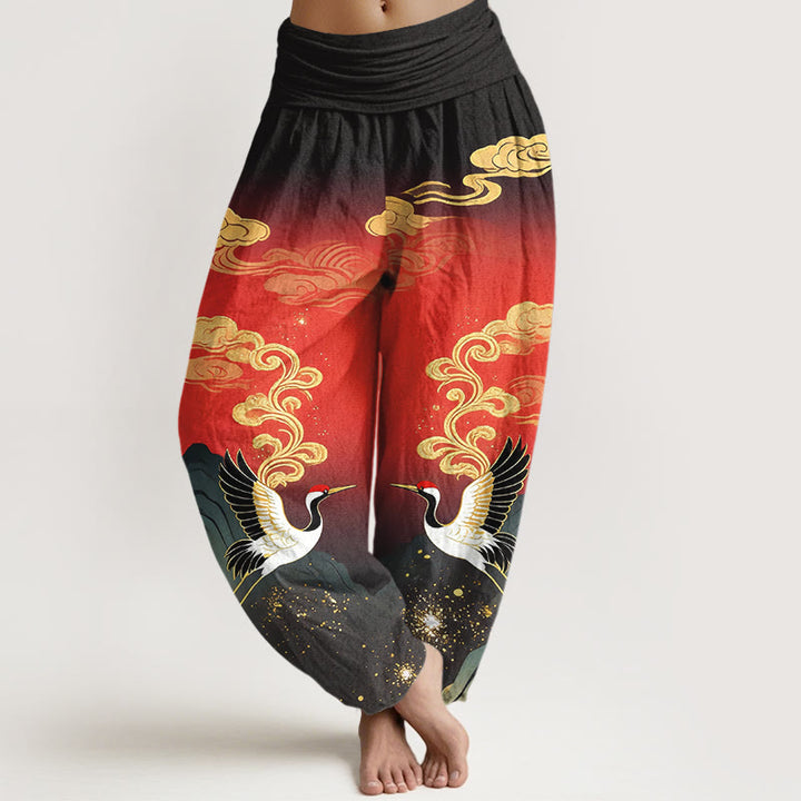 Buddha Stones Pure Cotton Colorful Crane Cloud Mountain Pattern Women's Elastic Waist Harem Pants - Red - US16，UK/AU20，EU48 (3XL) - image 8