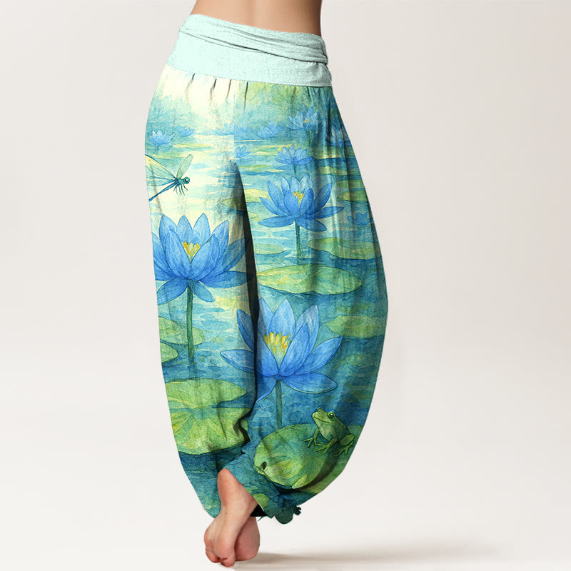 Buddha Stones Pure Cotton Fresh Elegant Lotus Flower Leaf Dragonfly Frog Pattern Women's Elastic Waist Harem Pants - image 1