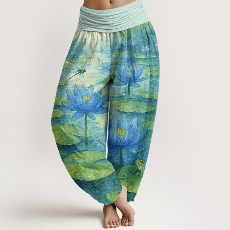 Buddha Stones Pure Cotton Fresh Elegant Lotus Flower Leaf Dragonfly Frog Pattern Women's Elastic Waist Harem Pants - PaleTurquoise - US16，UK/AU20，EU48 (3XL) - image 0