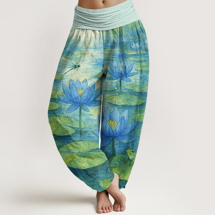 Buddha Stones Pure Cotton Fresh Elegant Lotus Flower Leaf Dragonfly Frog Pattern Women's Elastic Waist Harem Pants - PaleTurquoise - US16，UK/AU20，EU48 (3XL) - image 0
