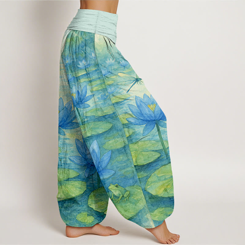 Buddha Stones Pure Cotton Fresh Elegant Lotus Flower Leaf Dragonfly Frog Pattern Women's Elastic Waist Harem Pants - image 2