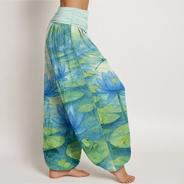 Buddha Stones Pure Cotton Fresh Elegant Lotus Flower Leaf Dragonfly Frog Pattern Women's Elastic Waist Harem Pants - image 2