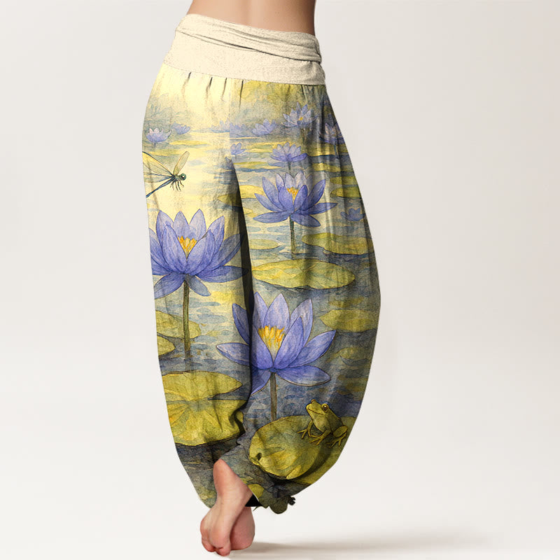 Buddha Stones Pure Cotton Fresh Elegant Lotus Flower Leaf Dragonfly Frog Pattern Women's Elastic Waist Harem Pants - image 6