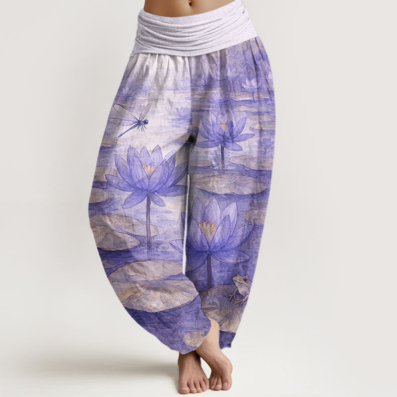 Buddha Stones Pure Cotton Fresh Elegant Lotus Flower Leaf Dragonfly Frog Pattern Women's Elastic Waist Harem Pants - Lavender - US16，UK/AU20，EU48 (3XL) - image 8