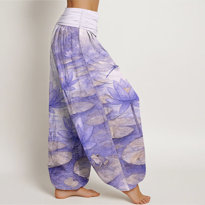 Buddha Stones Pure Cotton Fresh Elegant Lotus Flower Leaf Dragonfly Frog Pattern Women's Elastic Waist Harem Pants - image 10