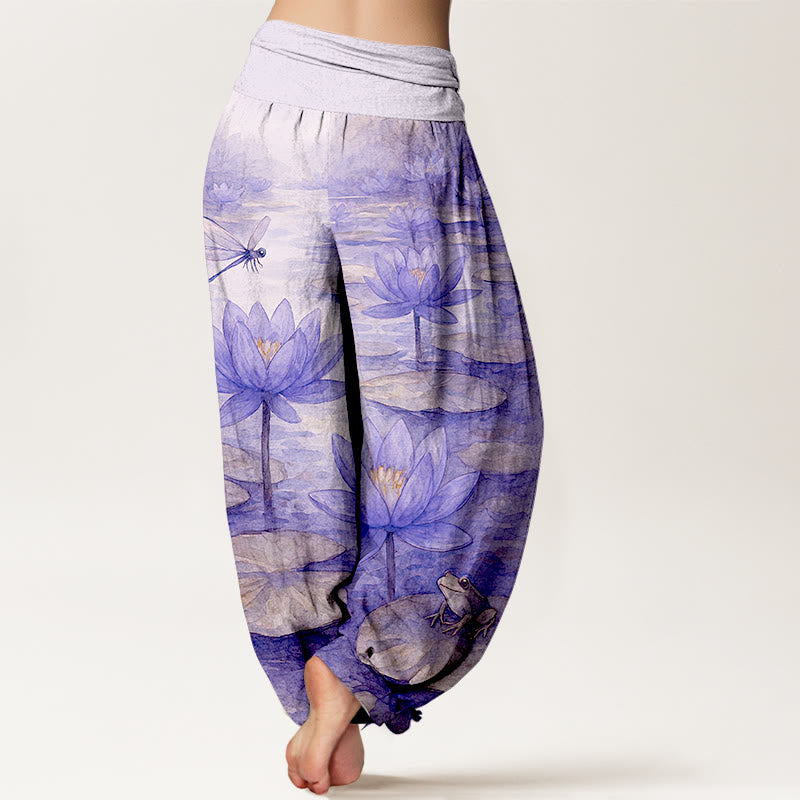 Buddha Stones Pure Cotton Fresh Elegant Lotus Flower Leaf Dragonfly Frog Pattern Women's Elastic Waist Harem Pants - image 9