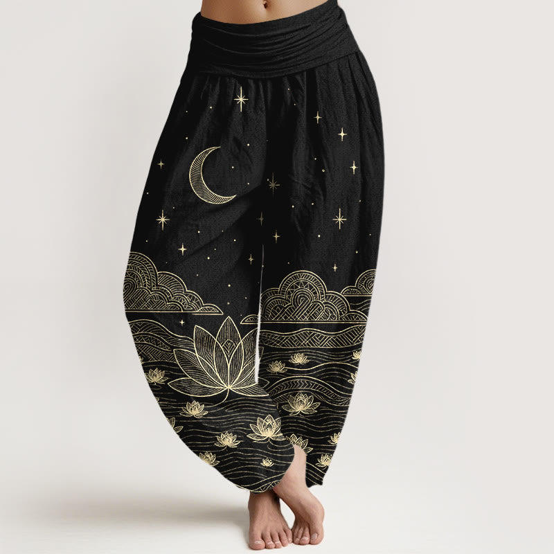 Buddha Stones Pure Cotton Elegant Moon Star Cloud Lotus Flower Water Ripple Pattern Women's Elastic Waist Harem Pants - Black - US16，UK/AU20，EU48 (3XL) - image 0