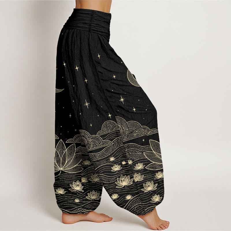 Buddha Stones Pure Cotton Elegant Moon Star Cloud Lotus Flower Water Ripple Pattern Women's Elastic Waist Harem Pants - image 2