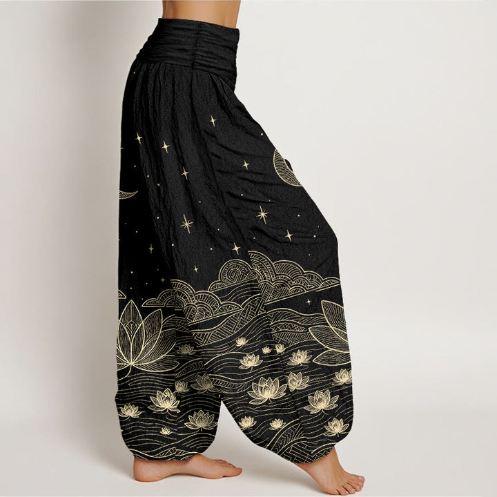 Buddha Stones Pure Cotton Elegant Moon Star Cloud Lotus Flower Water Ripple Pattern Women's Elastic Waist Harem Pants - image 2