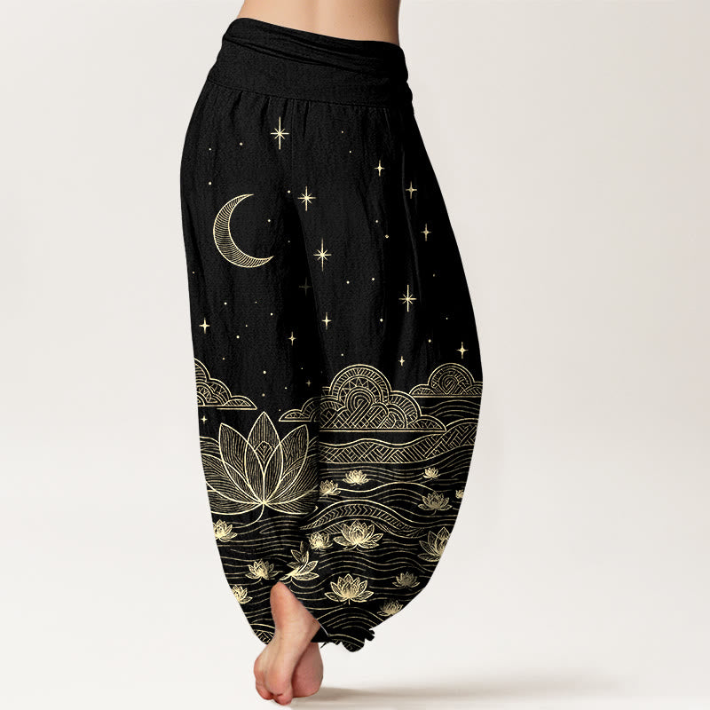 Buddha Stones Pure Cotton Elegant Moon Star Cloud Lotus Flower Water Ripple Pattern Women's Elastic Waist Harem Pants - image 1
