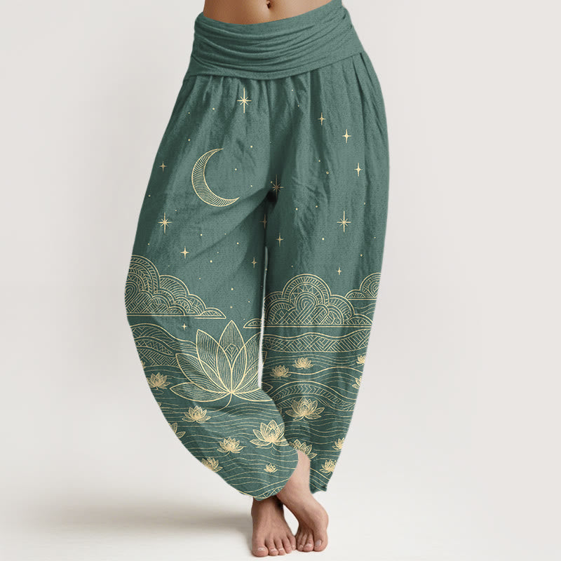 Buddha Stones Pure Cotton Elegant Moon Star Cloud Lotus Flower Water Ripple Pattern Women's Elastic Waist Harem Pants - LightSeaGreen - US16，UK/AU20，EU48 (3XL) - image 5