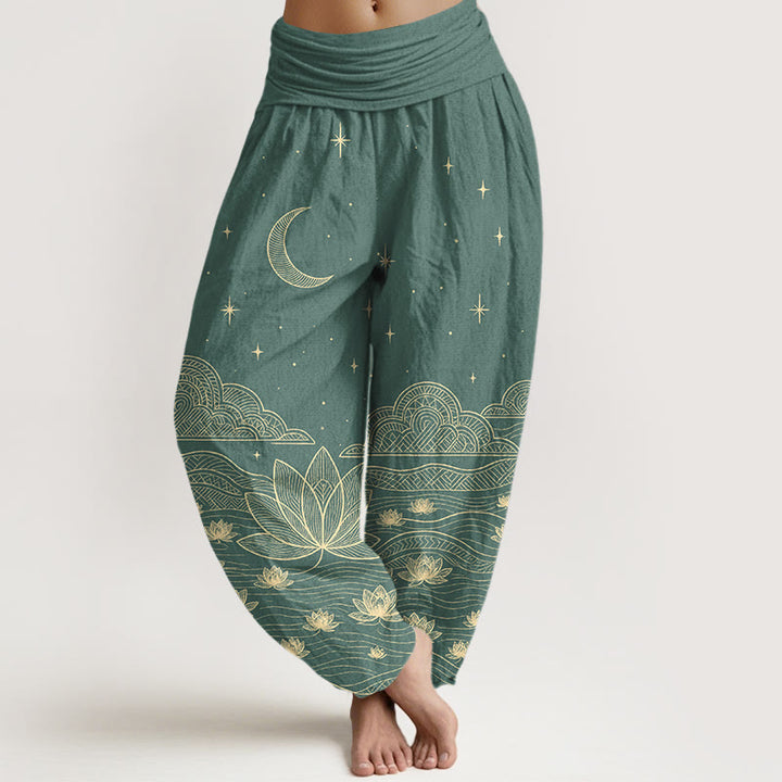 Buddha Stones Pure Cotton Elegant Moon Star Cloud Lotus Flower Water Ripple Pattern Women's Elastic Waist Harem Pants - LightSeaGreen - US16，UK/AU20，EU48 (3XL) - image 5
