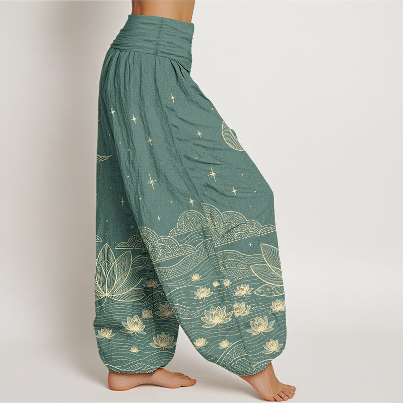 Buddha Stones Pure Cotton Elegant Moon Star Cloud Lotus Flower Water Ripple Pattern Women's Elastic Waist Harem Pants - image 7