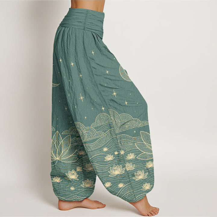 Buddha Stones Pure Cotton Elegant Moon Star Cloud Lotus Flower Water Ripple Pattern Women's Elastic Waist Harem Pants - image 7