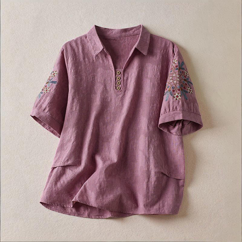 Buddha Stones Casual Floral Pattern Lapel Women's Short Sleeve T-shirt - MediumOrchid - US12，UK/AU16，EU44 (3XL) - image 0