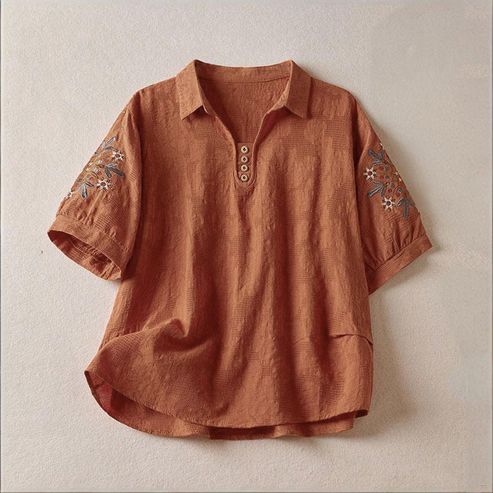 Buddha Stones Casual Floral Pattern Lapel Women's Short Sleeve T-shirt - Chocolate - US12，UK/AU16，EU44 (3XL) - image 15