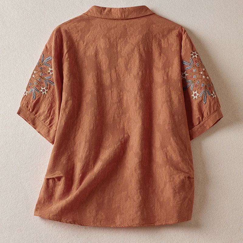 Buddha Stones Casual Floral Pattern Lapel Women's Short Sleeve T-shirt - image 16