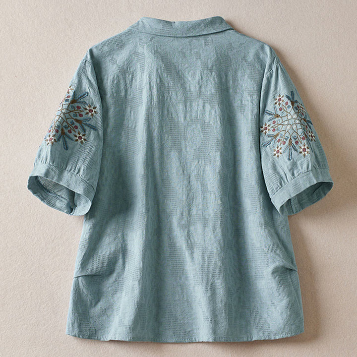 Buddha Stones Casual Floral Pattern Lapel Women's Short Sleeve T-shirt - image 9
