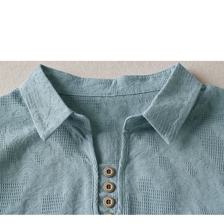 Buddha Stones Casual Floral Pattern Lapel Women's Short Sleeve T-shirt - image 14