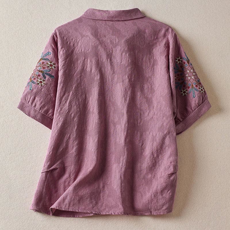 Buddha Stones Casual Floral Pattern Lapel Women's Short Sleeve T-shirt - image 1