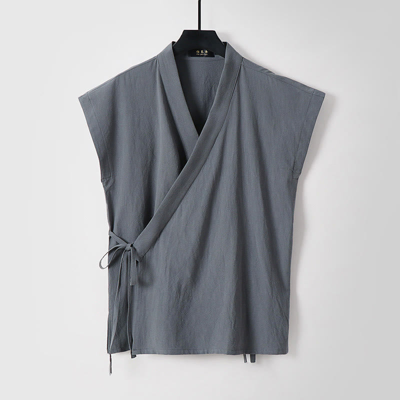 Buddha Stones Summer Solid Color V-Neck Sleeveless Men's Cotton Linen Vest - Gray - US/UK/AU56，EU66 (9XL) - image 0