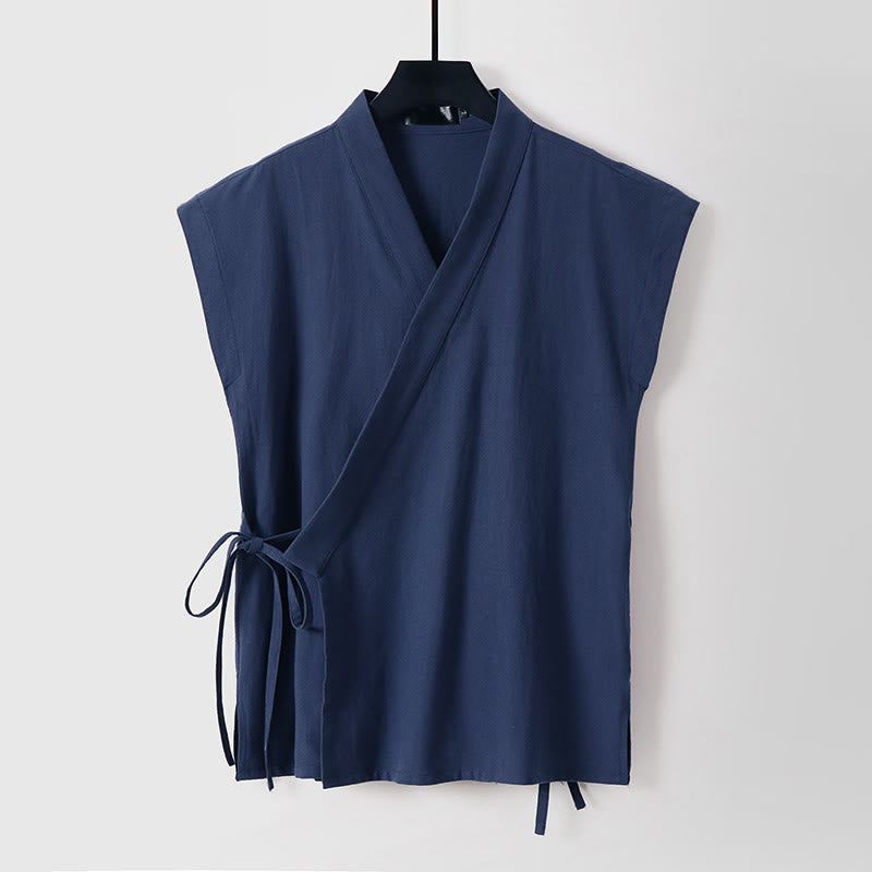 Buddha Stones Summer Solid Color V-Neck Sleeveless Men's Cotton Linen Vest - Navy - US/UK/AU56，EU66 (9XL) - image 15