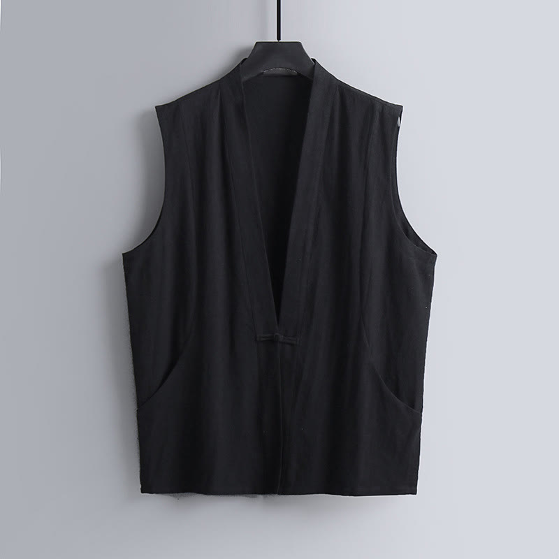 Buddha Stones Summer Solid Color V-Neck Frog-Button Sleeveless Men's Cotton Linen Vest - Black - US/UK/AU54，EU64 (9XL) - image 9