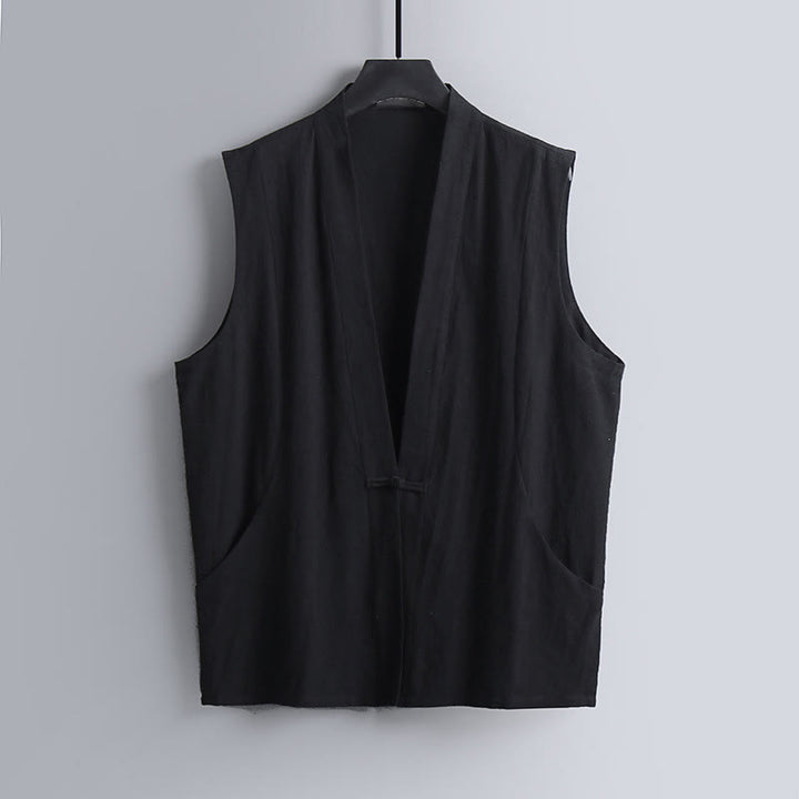 Buddha Stones Summer Solid Color V-Neck Frog-Button Sleeveless Men's Cotton Linen Vest - Black - US/UK/AU54，EU64 (9XL) - image 9