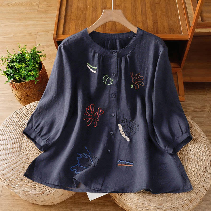 Buddha Stones Coral Gourd Pattern Crew Neck Half Sleeve Women's Polyester Shirt  - MidnightBlue - US8-10，UK/AU12-14，EU40-42 (2XL) - image 0