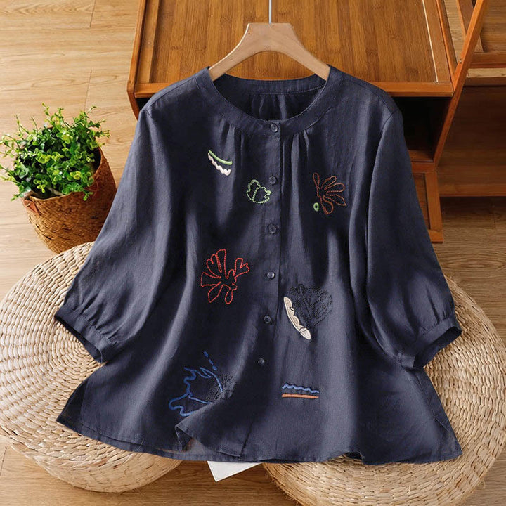 Buddha Stones Coral Gourd Pattern Crew Neck Half Sleeve Women's Polyester Shirt  - MidnightBlue - US8-10，UK/AU12-14，EU40-42 (2XL) - image 0