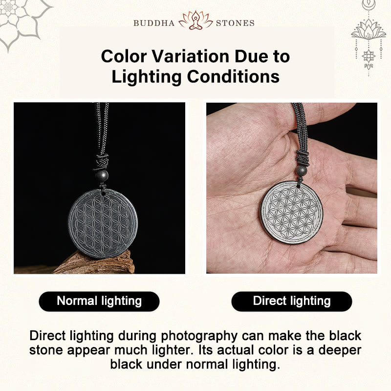 Buddha Stones Flower of Life Carving Design Authentic Shungite Stone Protection Necklace Pendant - image 12