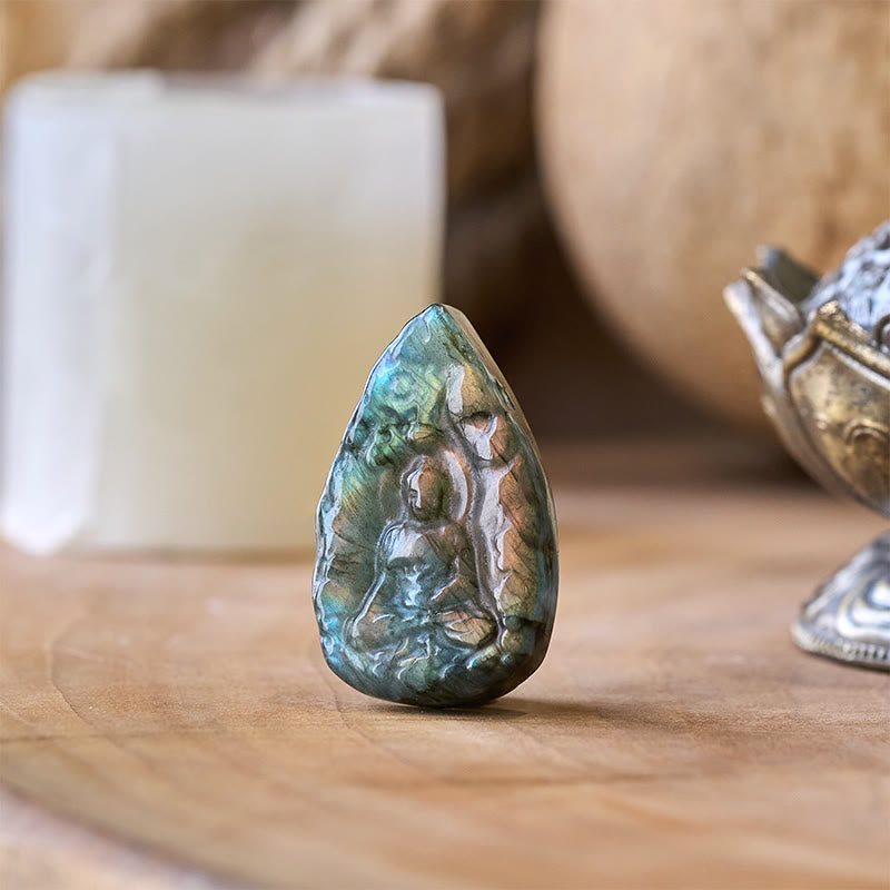 Buddha Stones Engraving Buddha Natural Labradorite Teardrop Shape Figurine Cure Statue Home Decoration - image 2