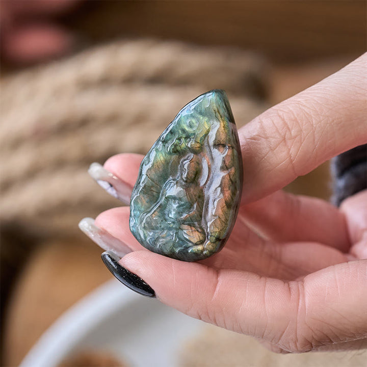 Buddha Stones Engraving Buddha Natural Labradorite Teardrop Shape Figurine Cure Statue Home Decoration - image 3