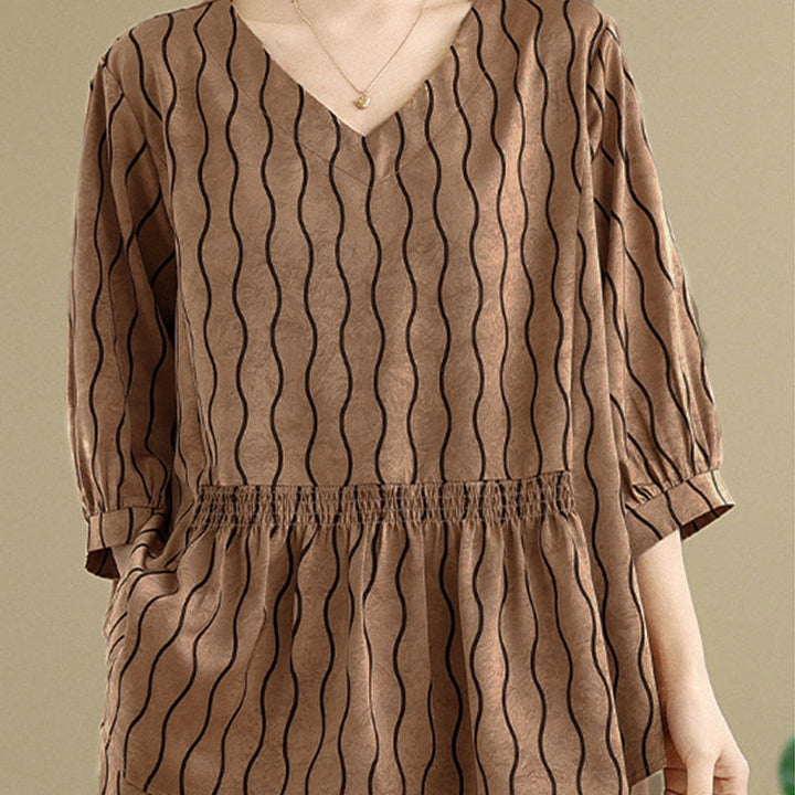 Buddha Stones 2pcs Striped Pattern Short Sleeve Shirt Polyester 7 Length Harem Pants Set With Pocket - image 4