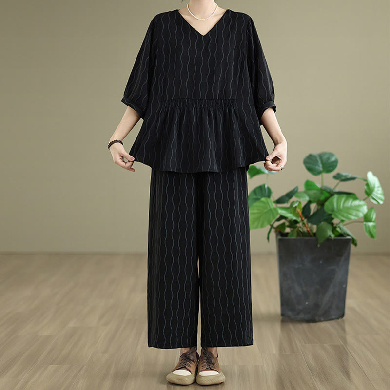 Buddha Stones 2pcs Striped Pattern Short Sleeve Shirt Polyester 7 Length Harem Pants Set With Pocket - image 12