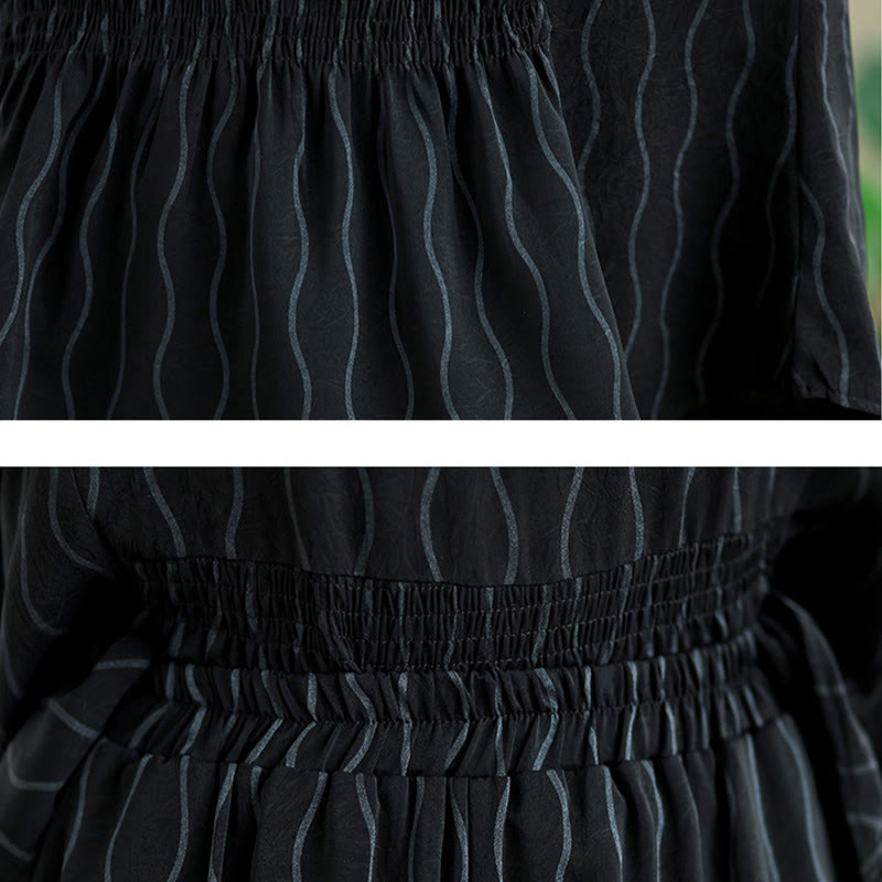Buddha Stones 2pcs Striped Pattern Short Sleeve Shirt Polyester 7 Length Harem Pants Set With Pocket - image 19