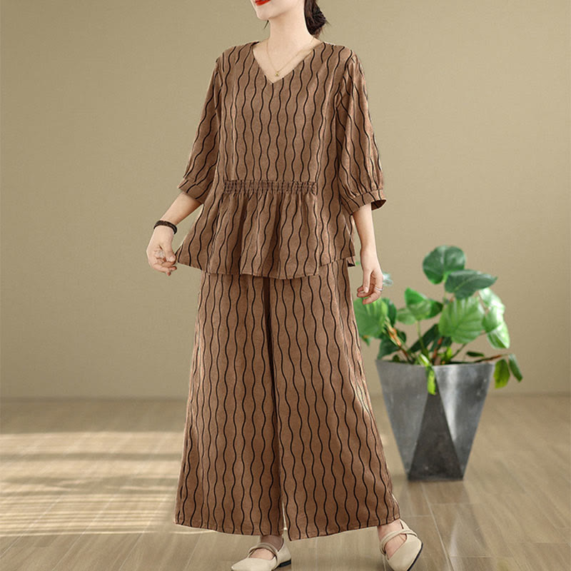 Buddha Stones 2pcs Striped Pattern Short Sleeve Shirt Polyester 7 Length Harem Pants Set With Pocket - image 1